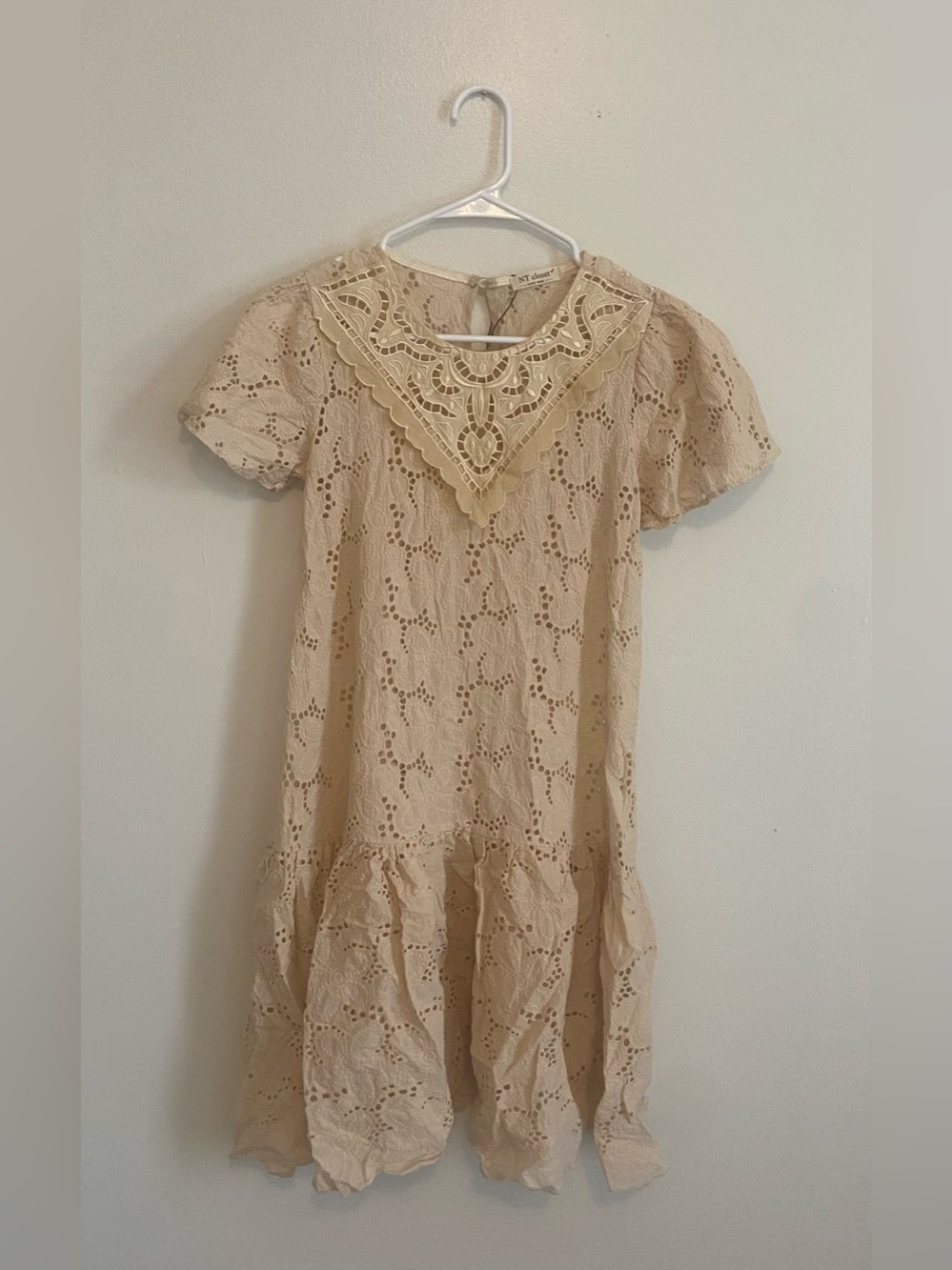 Vintage Boho Cream Eyelet Lace Drop-Waist Mini Dress
